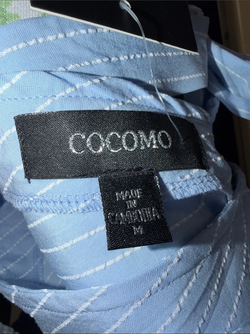 COCOMO M Blue White Pin Stripe Flutter Sleeve V-Neck Back Tie Ruffle Hem Dress